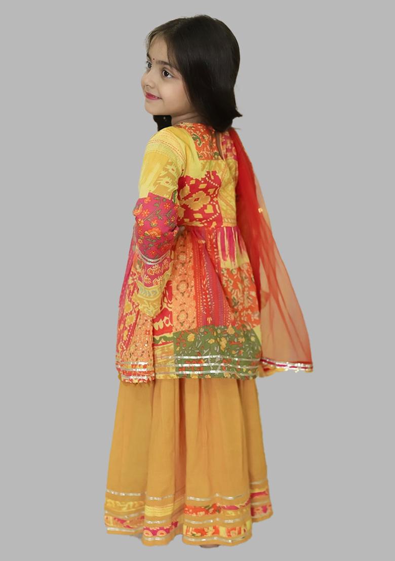 Yellow Printed Cotton Sharara Set With Dupatta For Girls