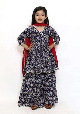 Blue Printed Cotton Salwar Kameez With Dupatta For Girls