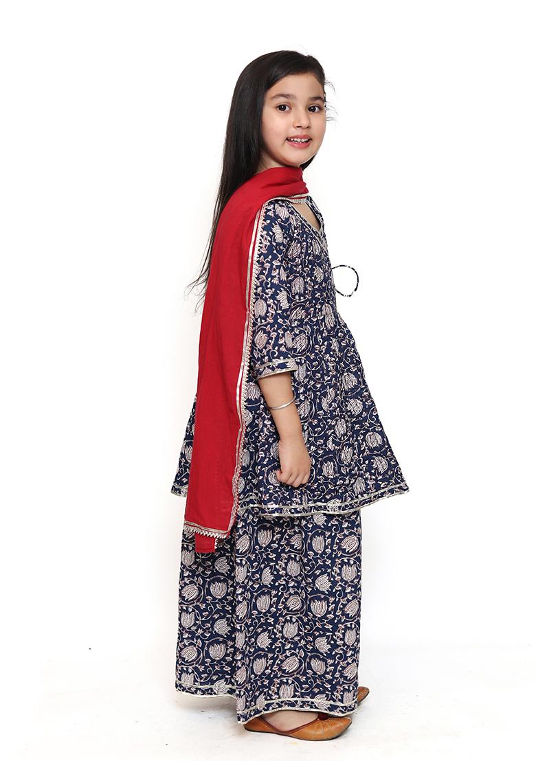 Blue Printed Cotton Salwar Kameez With Dupatta For Girls