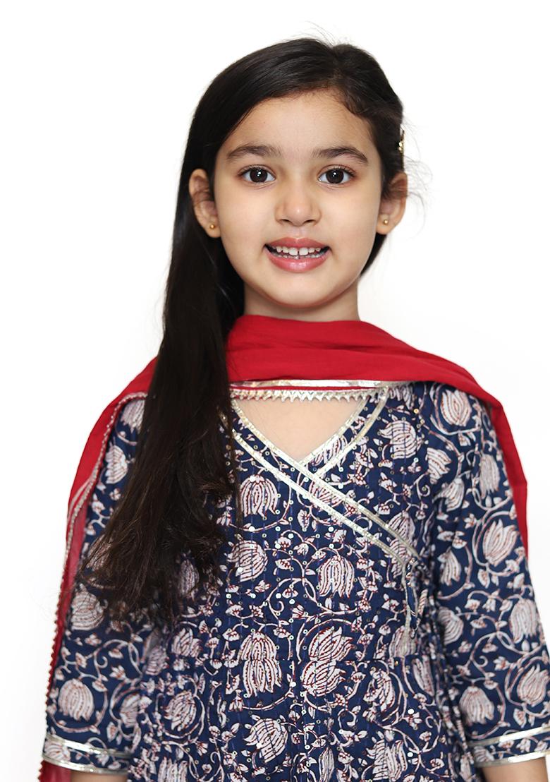 Blue Printed Cotton Salwar Kameez With Dupatta For Girls