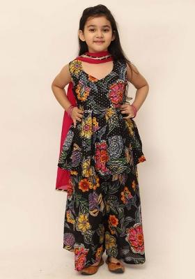 Black Printed Cotton Sharara Set With Dupatta For Girls