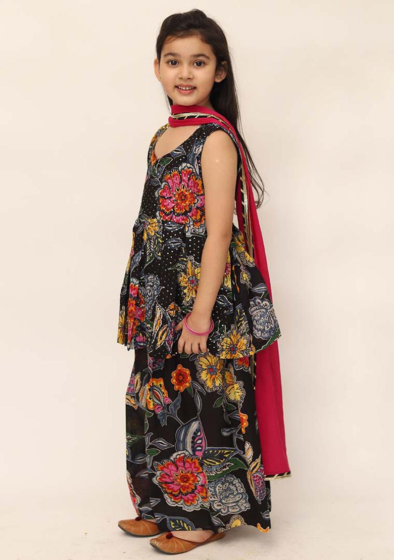 Black Printed Cotton Sharara Set With Dupatta For Girls