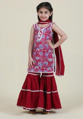 Maroon Printed Cotton Salwar Kameez With Dupatta For Girls
