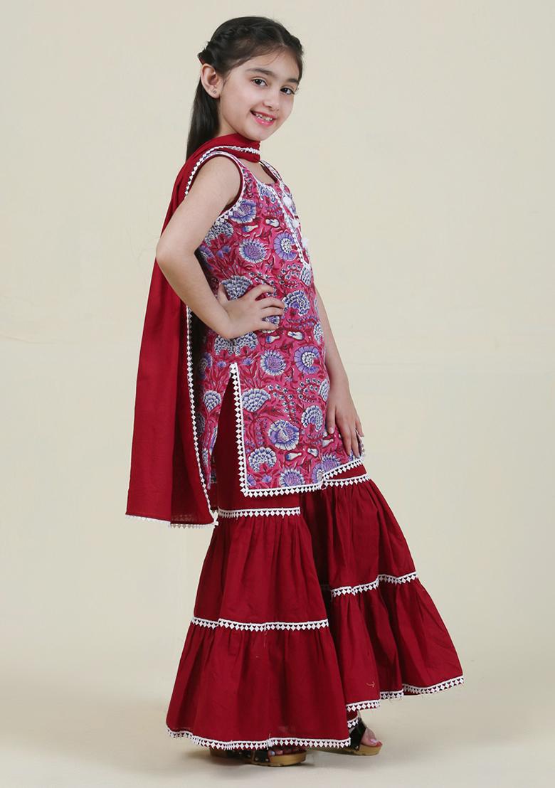 Maroon Printed Cotton Salwar Kameez With Dupatta For Girls