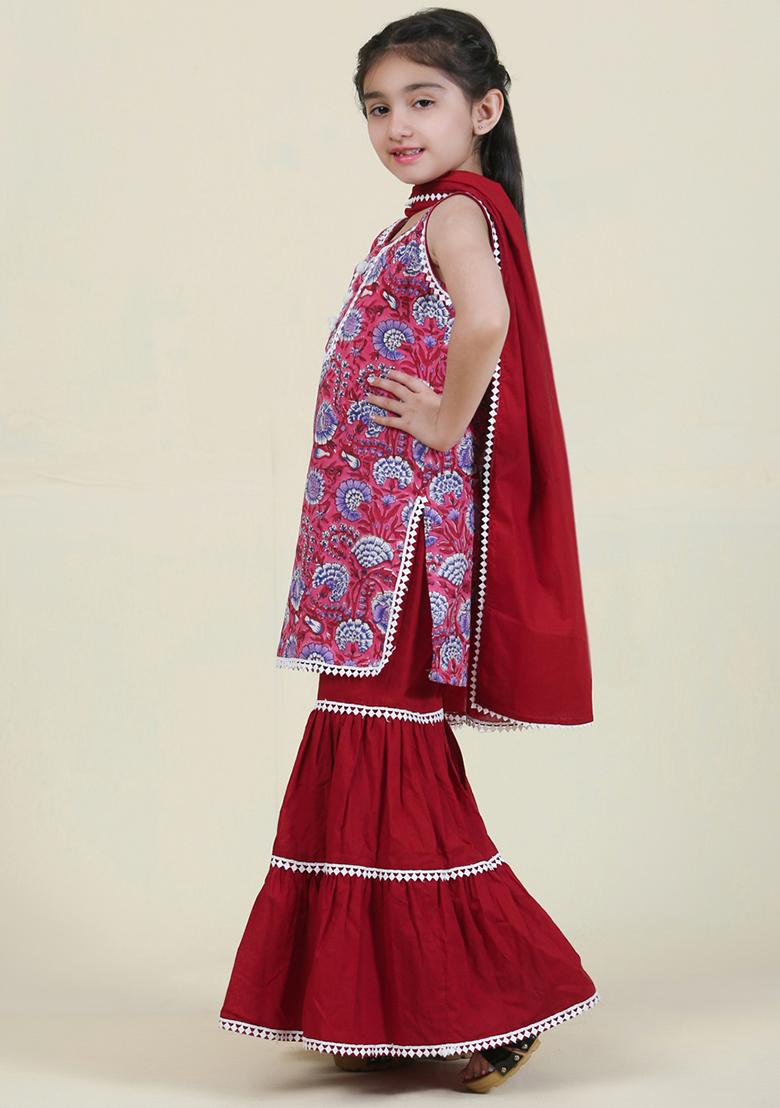 Maroon Printed Cotton Salwar Kameez With Dupatta For Girls