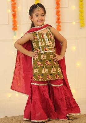 Green Printed Cotton Sharara Set With Dupatta For Girls