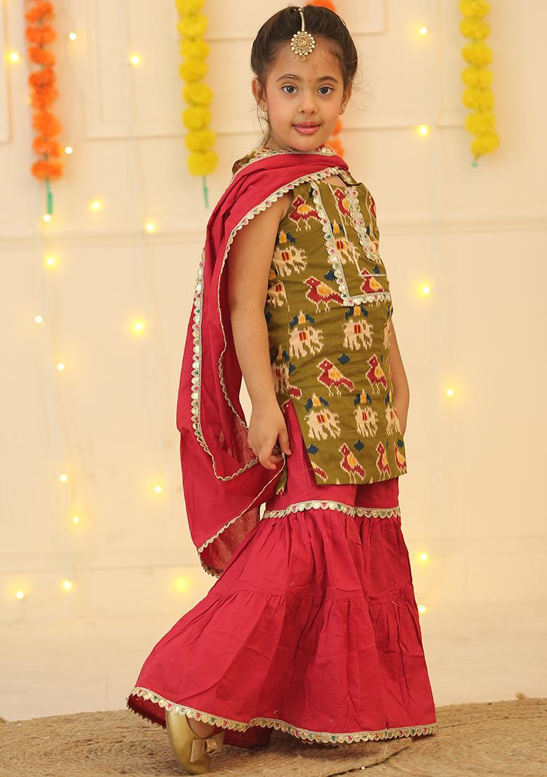 Green Printed Cotton Sharara Set With Dupatta For Girls