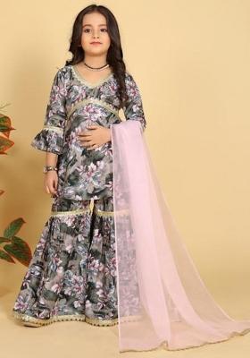 Green Embroidered Muslin Sharara Set With Dupatta For Girls