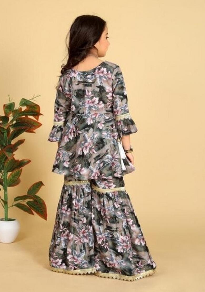 Green Embroidered Muslin Sharara Set With Dupatta For Girls