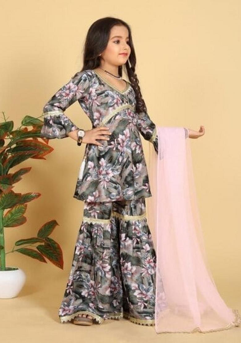 Green Embroidered Muslin Sharara Set With Dupatta For Girls