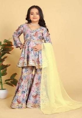 Red Embroidered Muslin Sharara Set With Dupatta For Girls