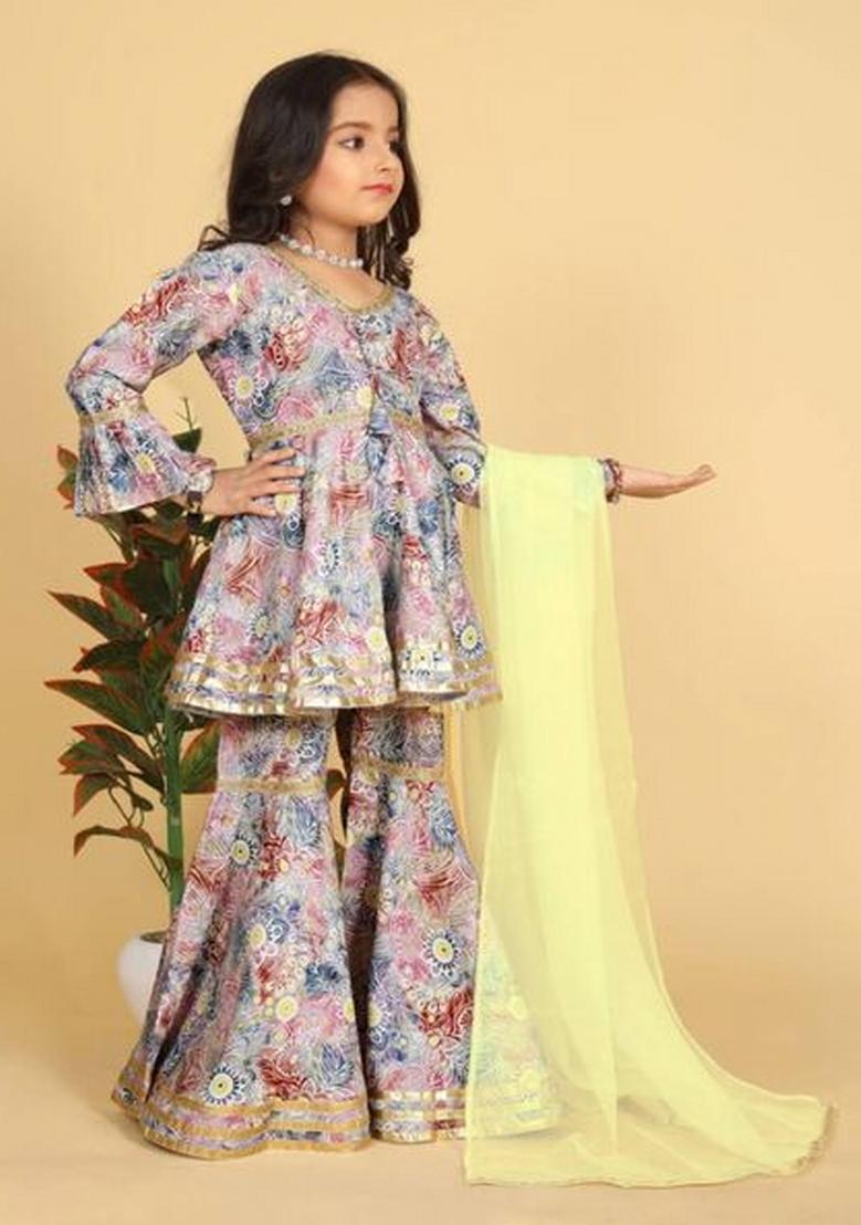 Red Embroidered Muslin Sharara Set With Dupatta For Girls