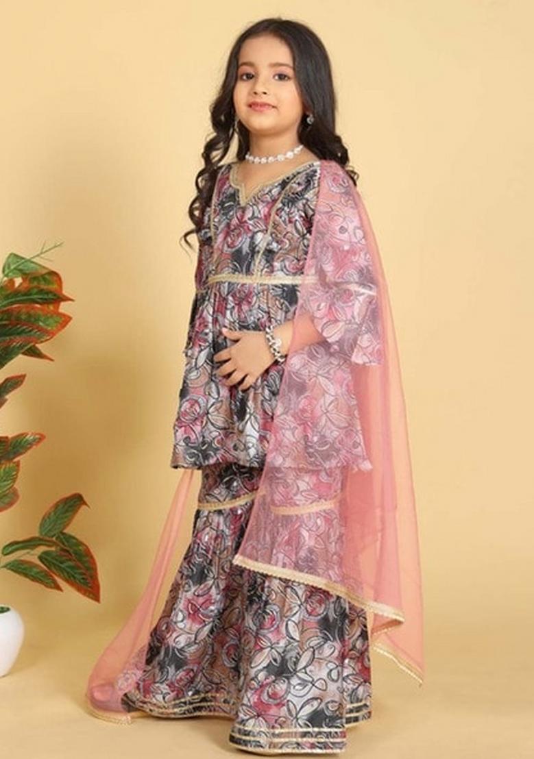 Pink Embroidered Muslin Sharara Set With Dupatta For Girls
