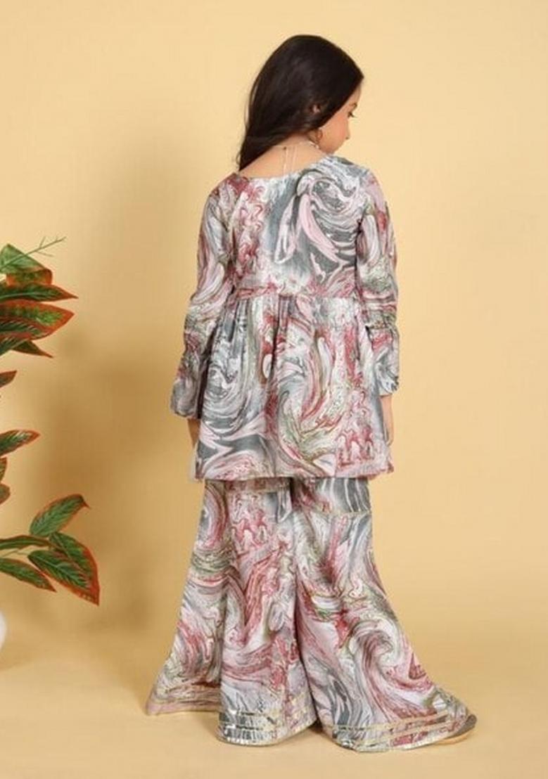 Multi Color Embroidered Muslin Sharara Set With Dupatta For Girls