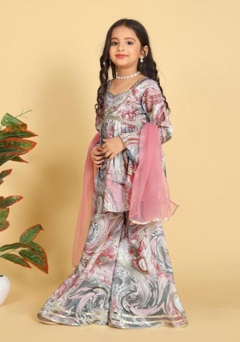 Multi Color Embroidered Muslin Sharara Set With Dupatta For Girls