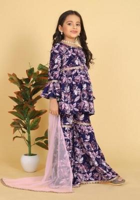 Blue Embroidered Muslin Sharara Set With Dupatta For Girls