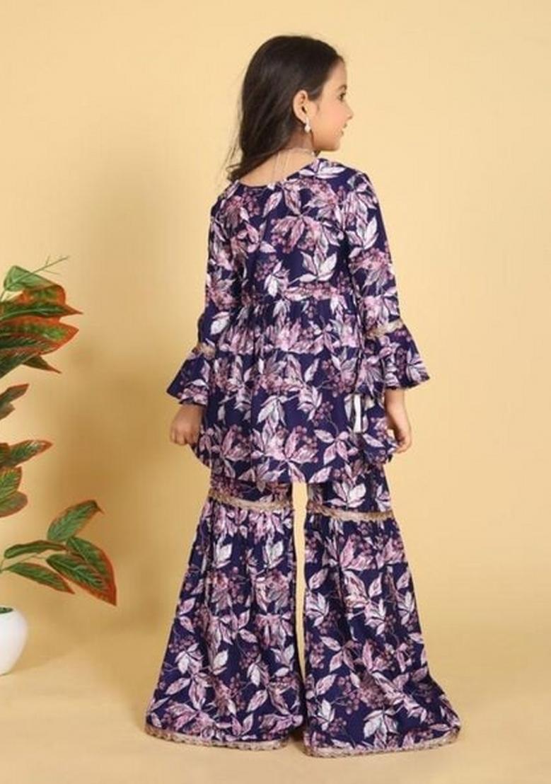 Blue Embroidered Muslin Sharara Set With Dupatta For Girls