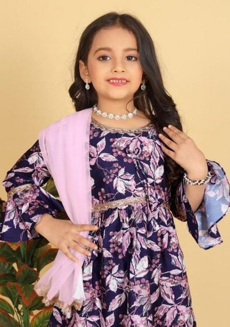 Blue Embroidered Muslin Sharara Set With Dupatta For Girls