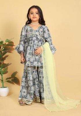Grey Embroidered Muslin Sharara Set With Dupatta For Girls