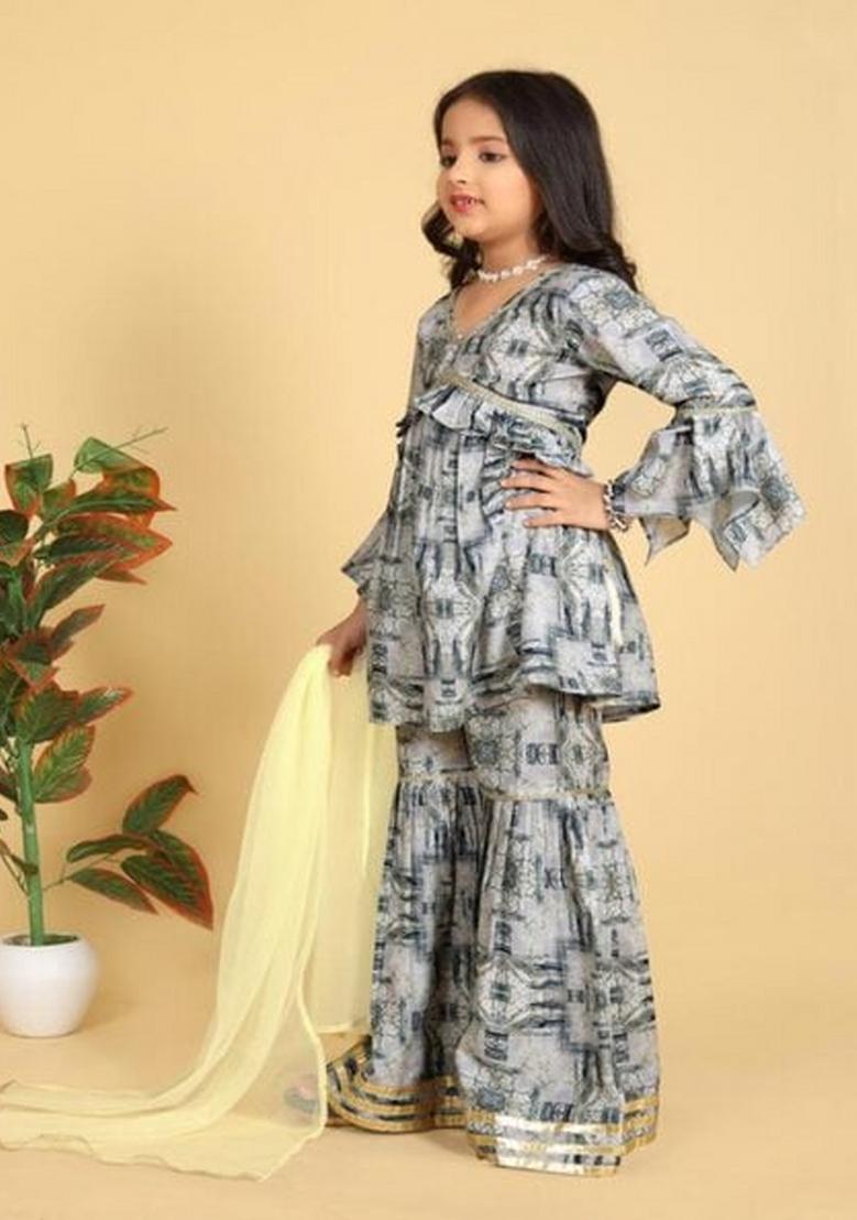Grey Embroidered Muslin Sharara Set With Dupatta For Girls