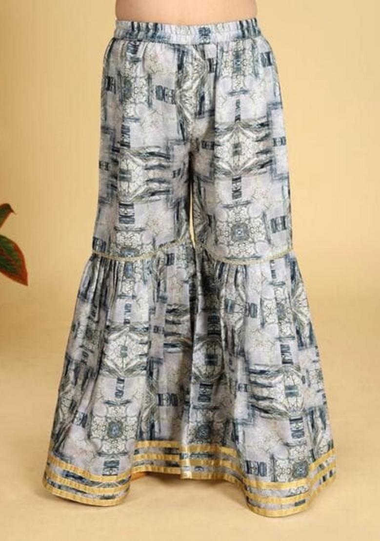 Grey Embroidered Muslin Sharara Set With Dupatta For Girls