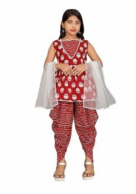 Red Printed  Cotton Sharara Set With Dupatta For Girls