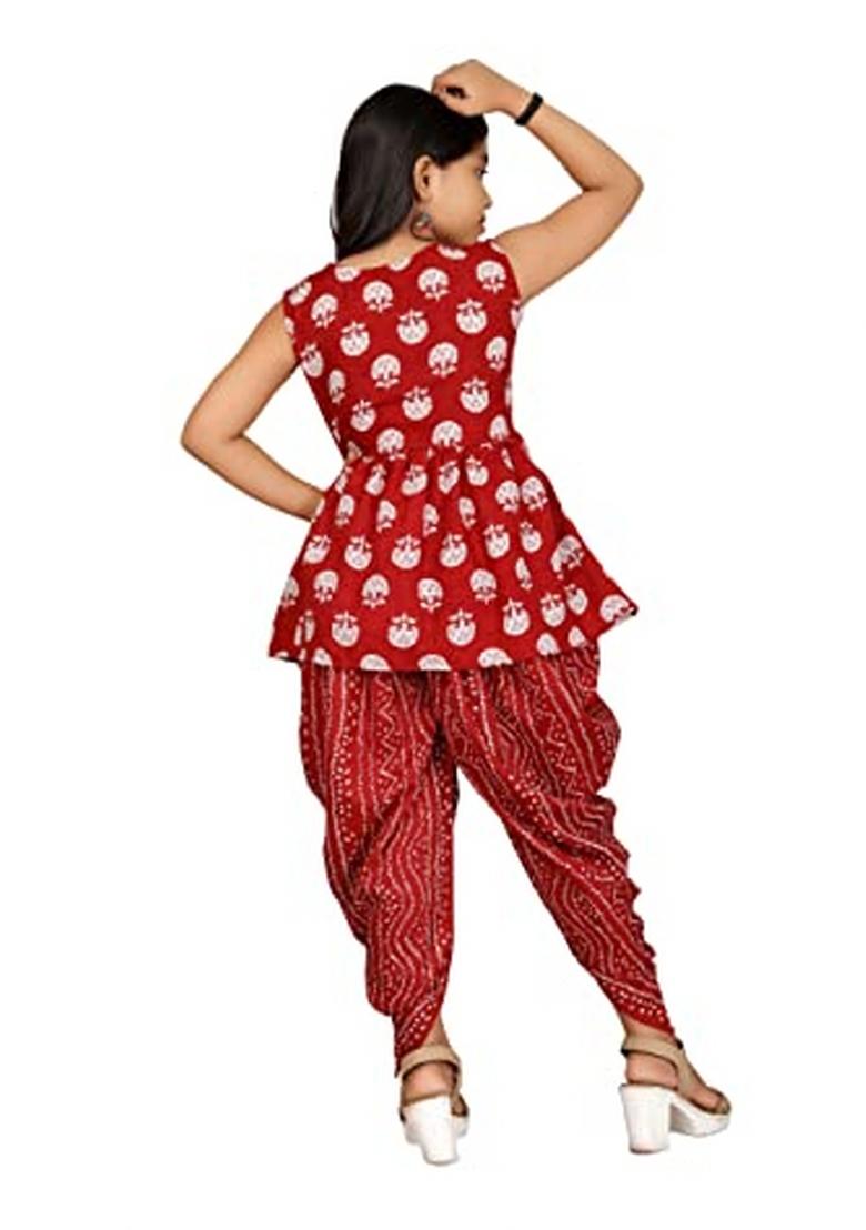 Red Printed  Cotton Sharara Set With Dupatta For Girls