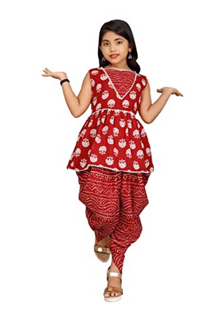 Red Printed  Cotton Sharara Set With Dupatta For Girls