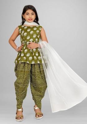 Green Printed  Cotton Sharara Set With Dupatta For Girls