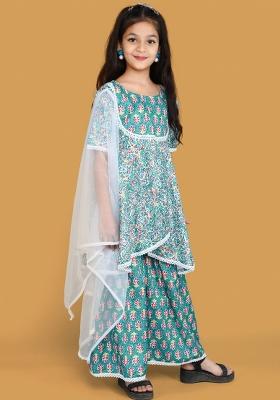 Teal Blue Printed  Roman Slub Sharara Set With Dupatta For Girls