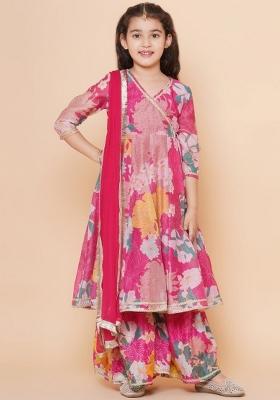 Pink Printed  Rayon Sharara Set With Dupatta For Girls