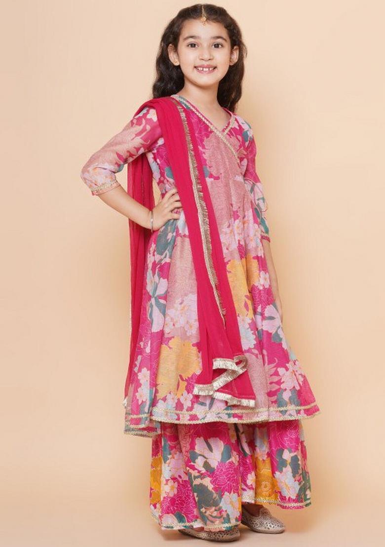 Pink Printed  Rayon Sharara Set With Dupatta For Girls