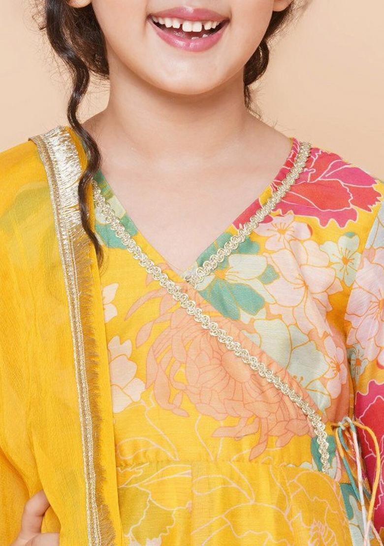 Yellow Printed  Rayon Sharara Set With Dupatta For Girls