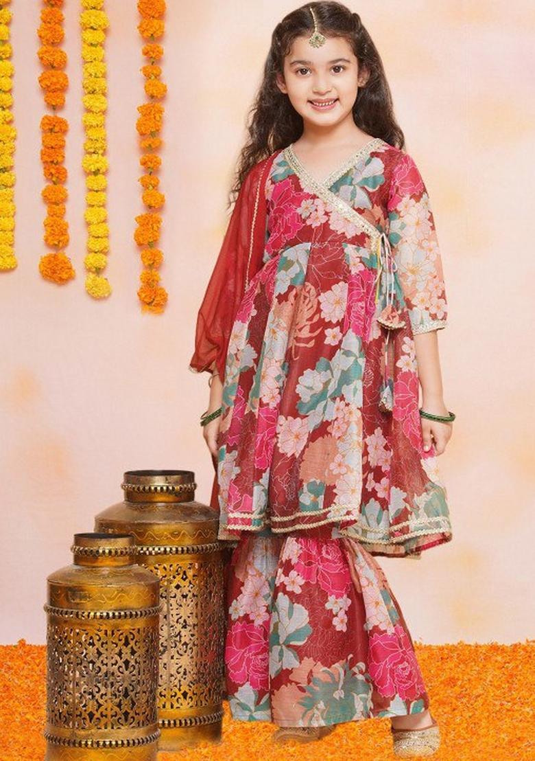 Maroon Printed  Rayon Sharara Set With Dupatta For Girls