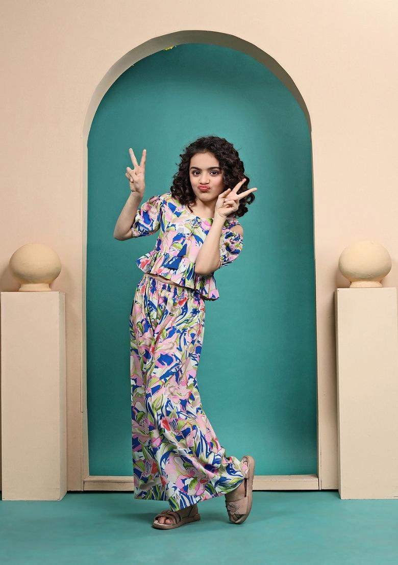 Multi Color Printed  Muslin Plazzo Set For Girls