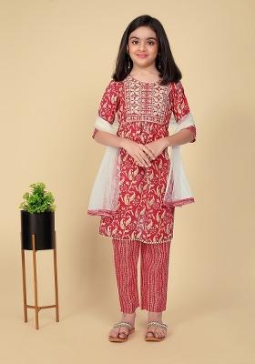 Red Embroidered Cotton Salwar Kameez With Dupatta For Girls