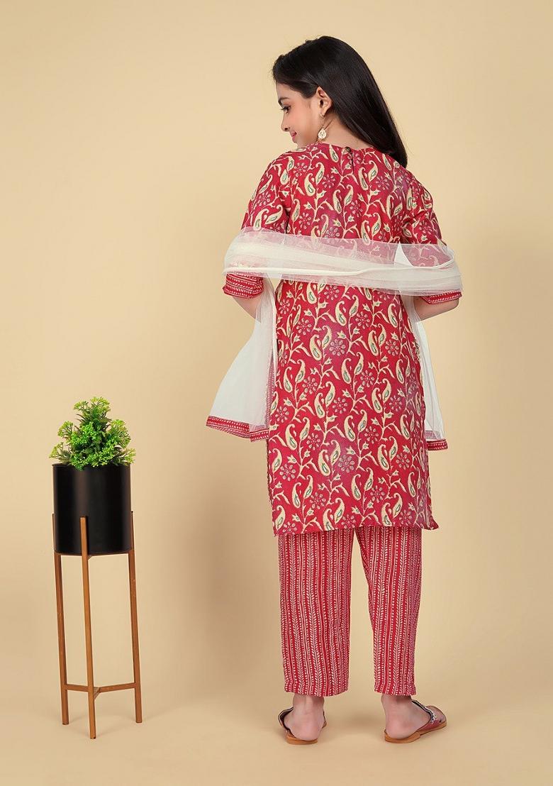 Red Embroidered Cotton Salwar Kameez With Dupatta For Girls