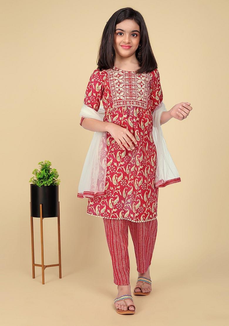 Red Embroidered Cotton Salwar Kameez With Dupatta For Girls