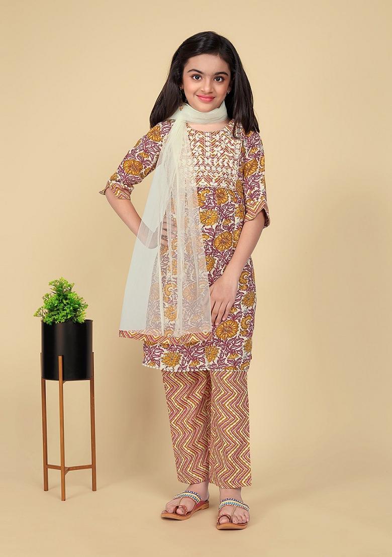 Brown Embroidered Cotton Salwar Kameez With Dupatta For Girls