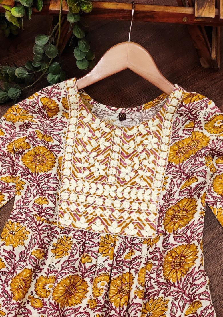 Brown Embroidered Cotton Salwar Kameez With Dupatta For Girls