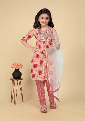 Peach Embroidered Cotton Salwar Kameez With Dupatta For Girls