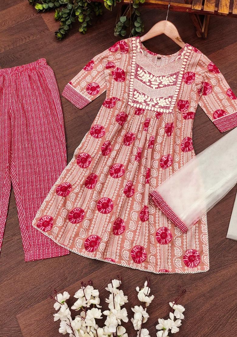 Peach Embroidered Cotton Salwar Kameez With Dupatta For Girls