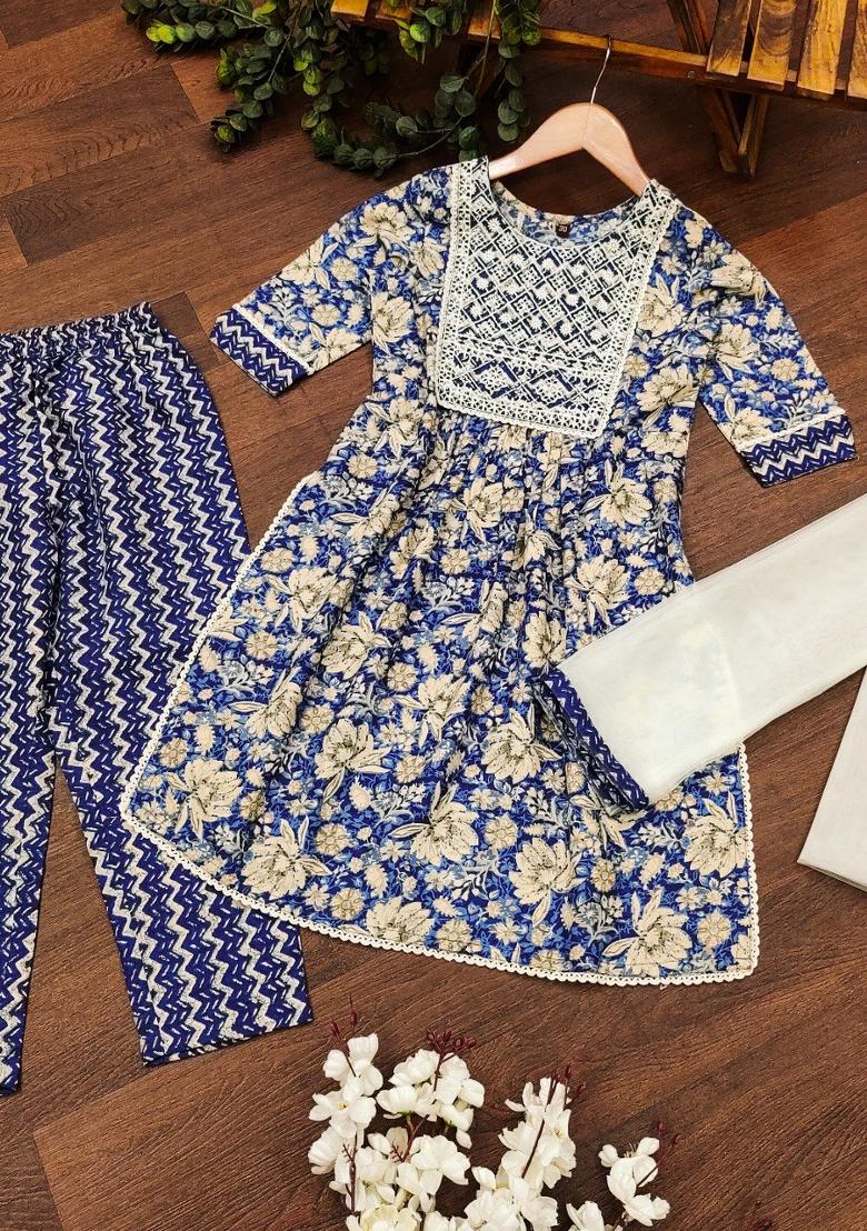 Navy Blue Embroidered Cotton Salwar Kameez With Dupatta For Girls