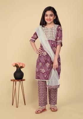 Purple Embroidered Cotton Salwar Kameez With Dupatta For Girls