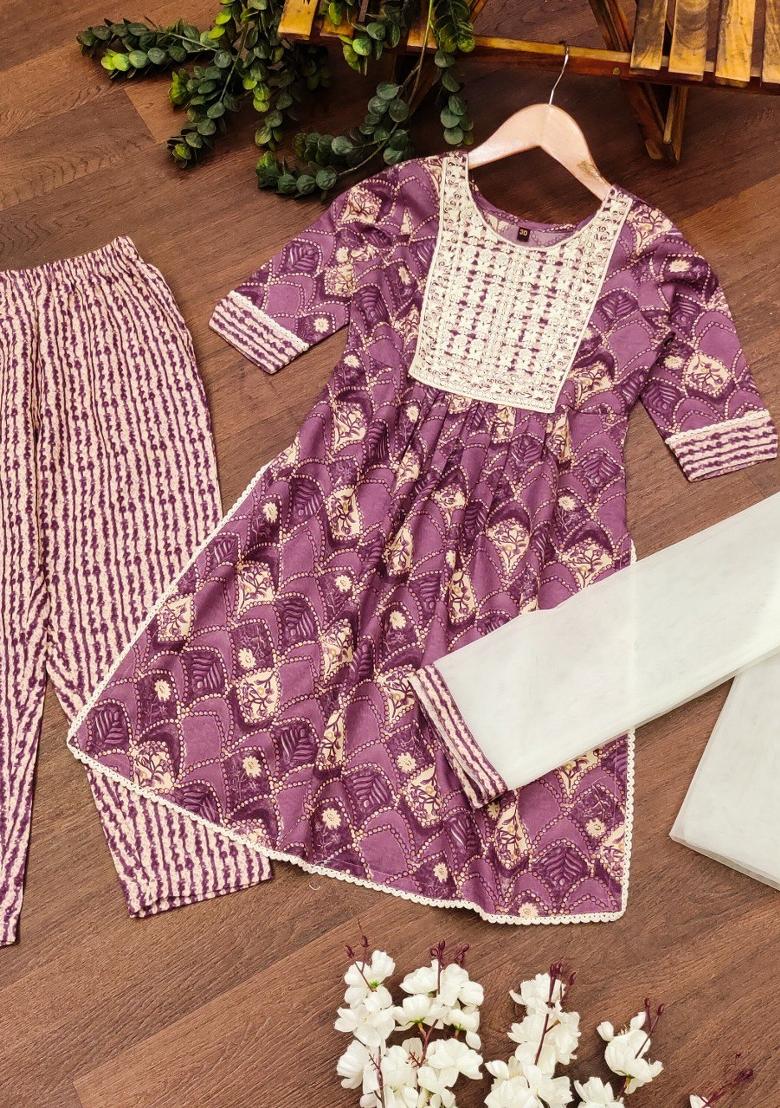 Purple Embroidered Cotton Salwar Kameez With Dupatta For Girls