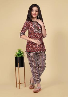 Maroon Embroidered Cotton Salwar Kameez With Dupatta For Girls