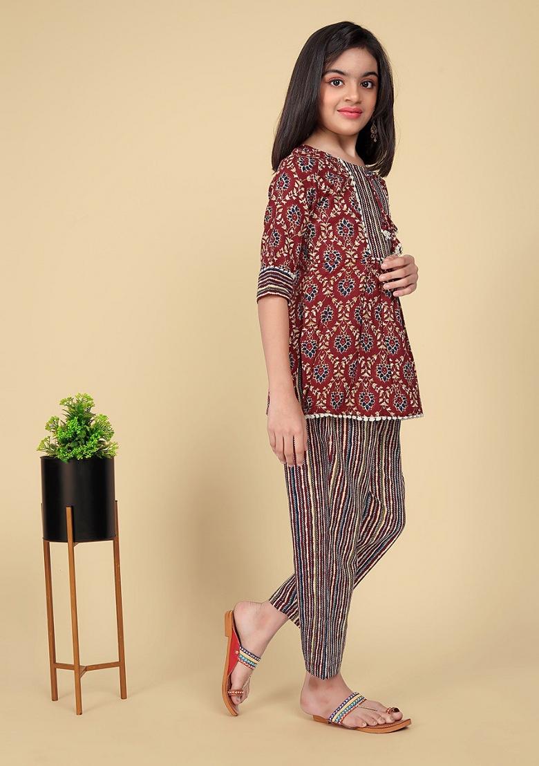 Maroon Embroidered Cotton Salwar Kameez With Dupatta For Girls