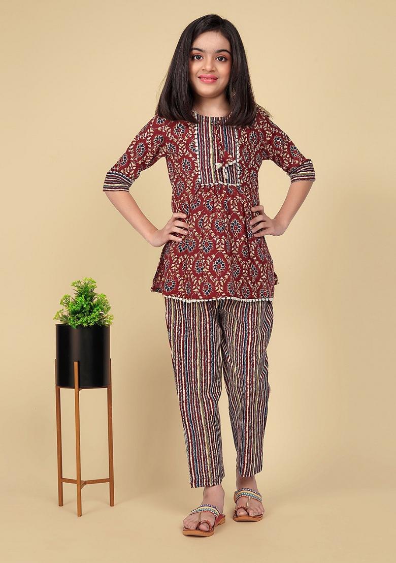 Maroon Embroidered Cotton Salwar Kameez With Dupatta For Girls