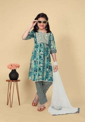 Sky Blue Embroidered Cotton Salwar Kameez With Dupatta For Girls