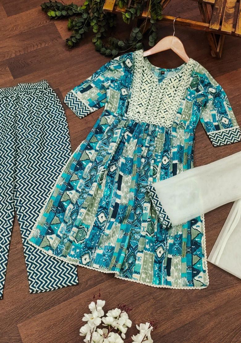 Sky Blue Embroidered Cotton Salwar Kameez With Dupatta For Girls